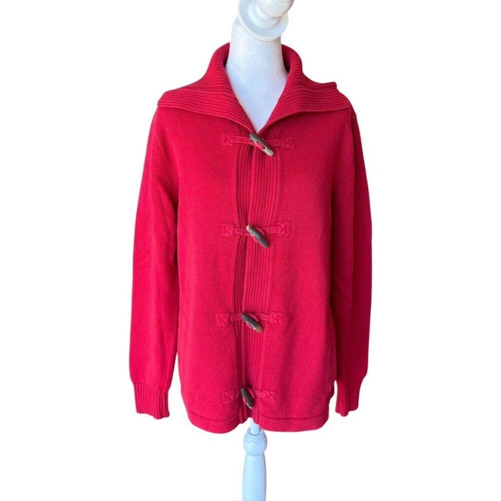 LL Bean Red Toggle Rope Cotton Sweater Cardigan Longsleeve Womens Size XL